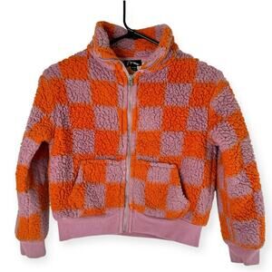 Arts Class Kids Fuzzy Checkered Jacket - Unisex Orange and Pink Size Small 6/6X